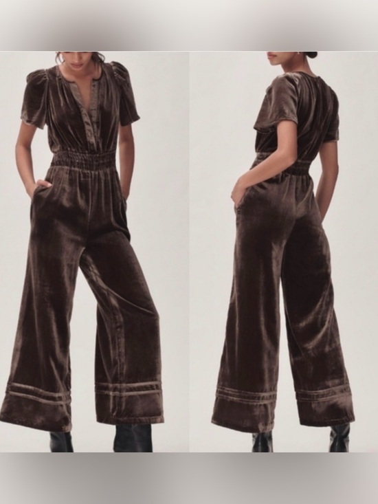 Anthropologie Pants - Anthropologie Brown Velvet Short-Sleeve Wide-Leg Jumpsuit Size L Petite
